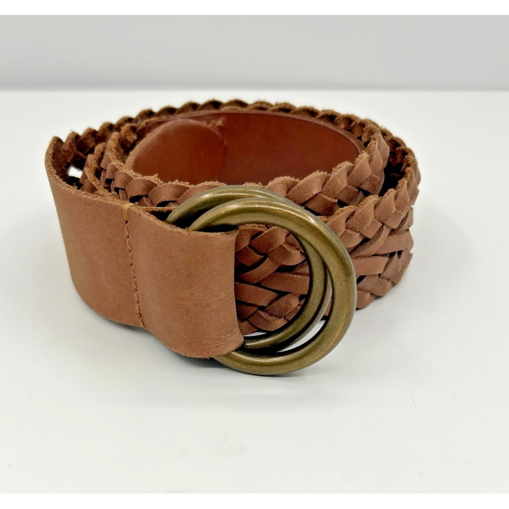 Lucky Brand Light Brown Braided Leather Belt Double Ring Buckle Western S/M